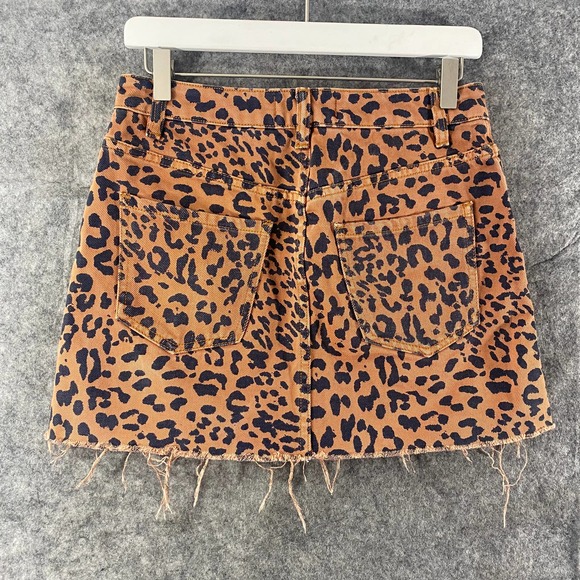 Free People Skirt 26 Orange Black Leopard Print Denim Mini Zip It Up High Rise - Picture 3 of 11